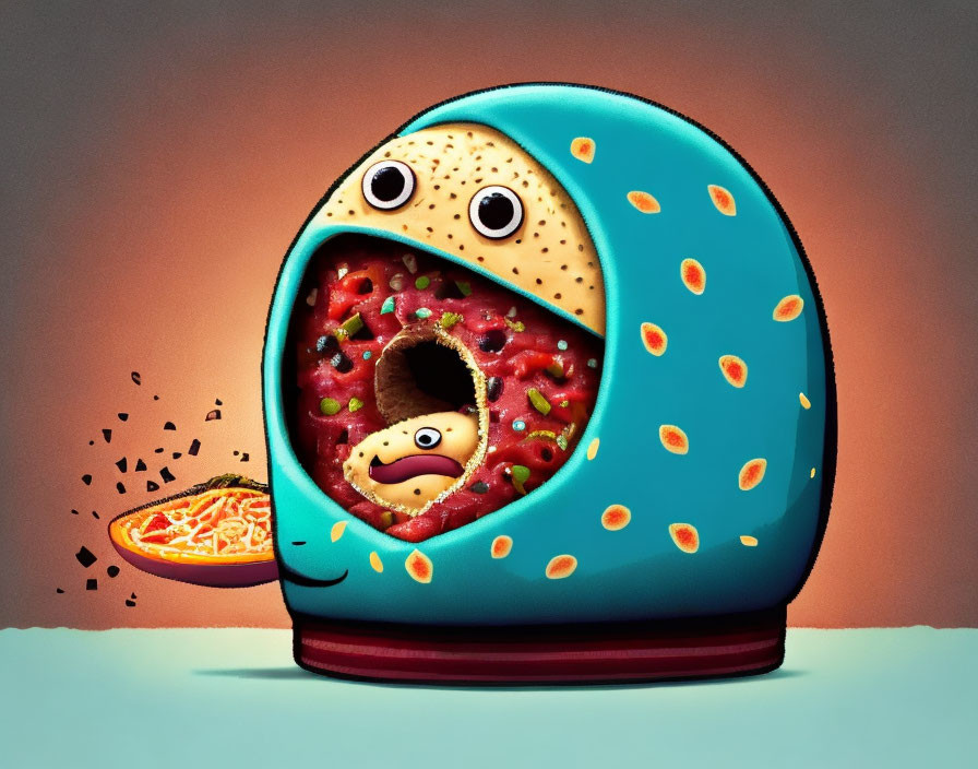 Animated toaster creature ejects surprised toast on warm gradient background