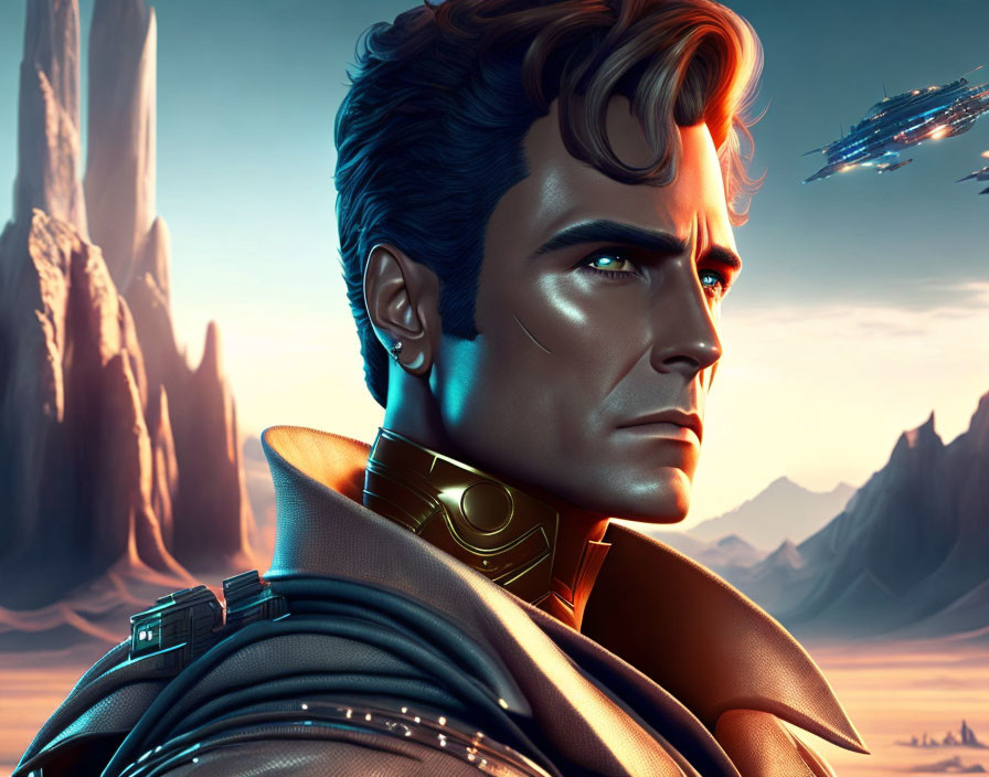 Futuristic male character on alien planet with ships in the sky