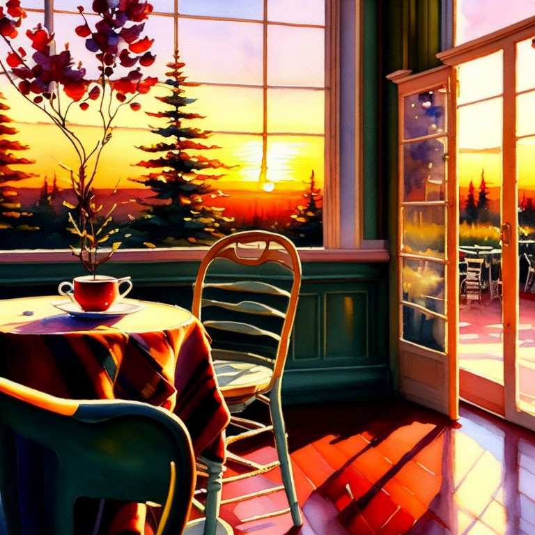 Warmly lit room at sunset with cup on table and balcony view of forest