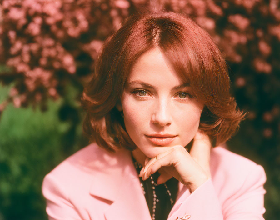 Auburn-haired woman in pink blazer poses among pink blossoms