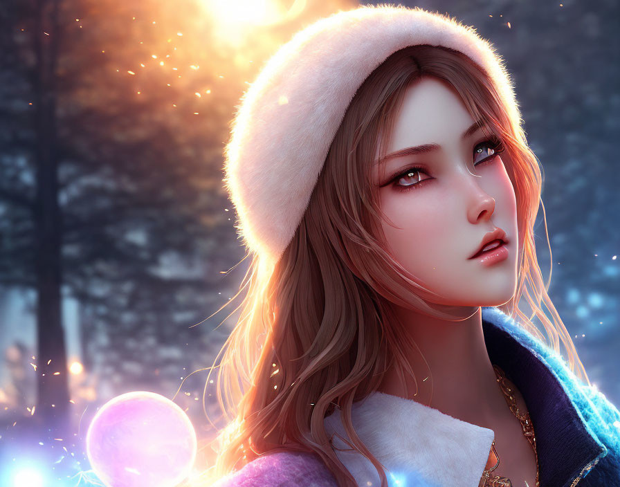 Digital artwork: Young woman in white fur hat in snowy, enchanted forest with glowing orbs and soft light