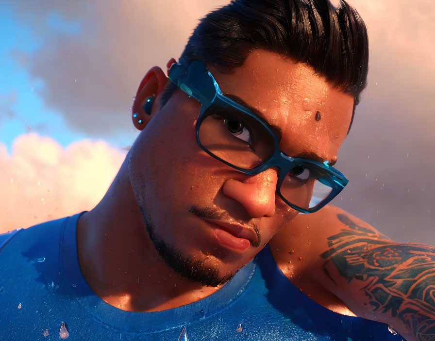 Man with Blue Glasses, Mohawk, Tattoos, and Water Droplets on Skin in Dus