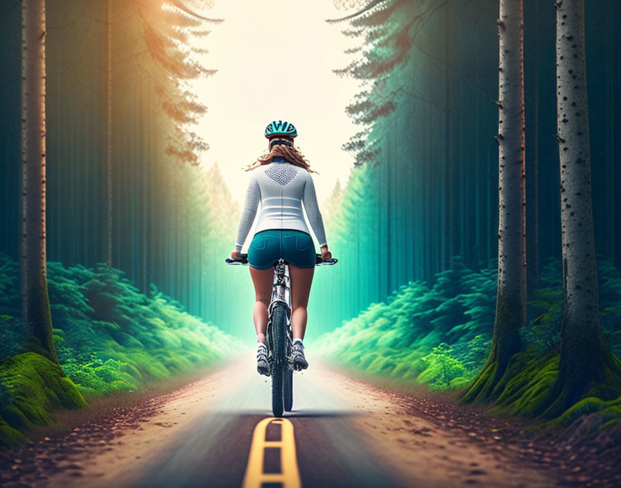 Cyclist in white top and blue shorts rides forest road with sunlight filtering through trees