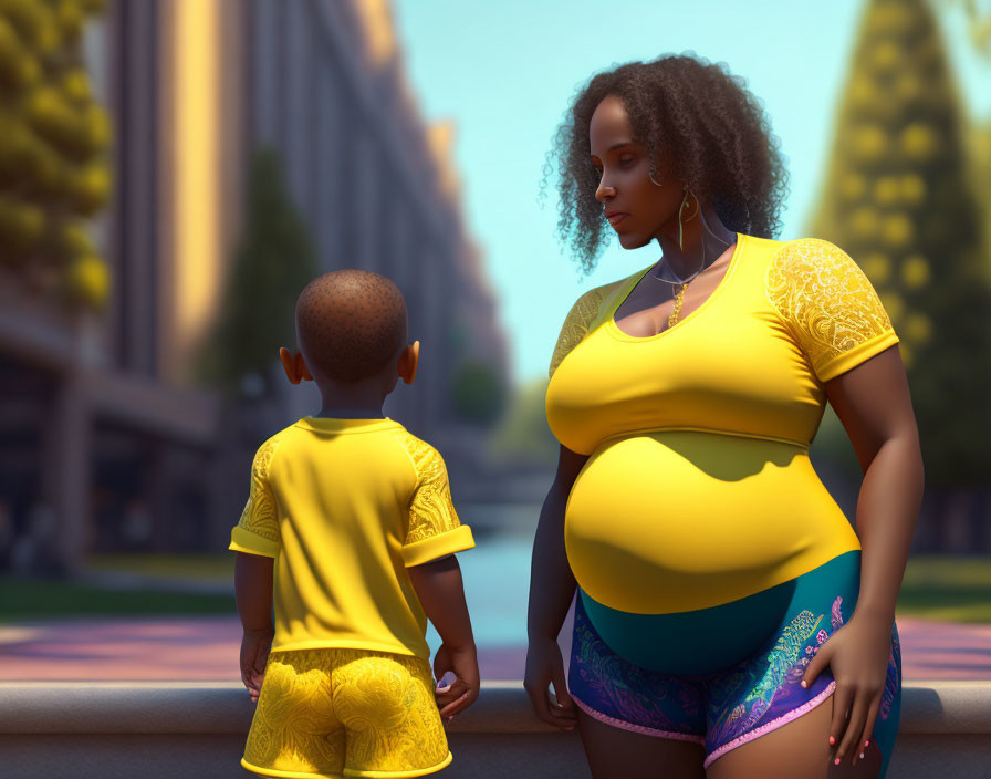 Pregnant Woman and Child in Yellow Clothing Outdoors