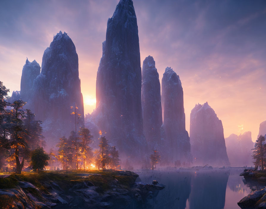 Sunset over serene lake with towering rock formations and misty landscape.