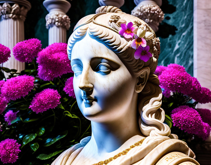 Classical sculpture of woman's head with flowers and columns in purple backdrop