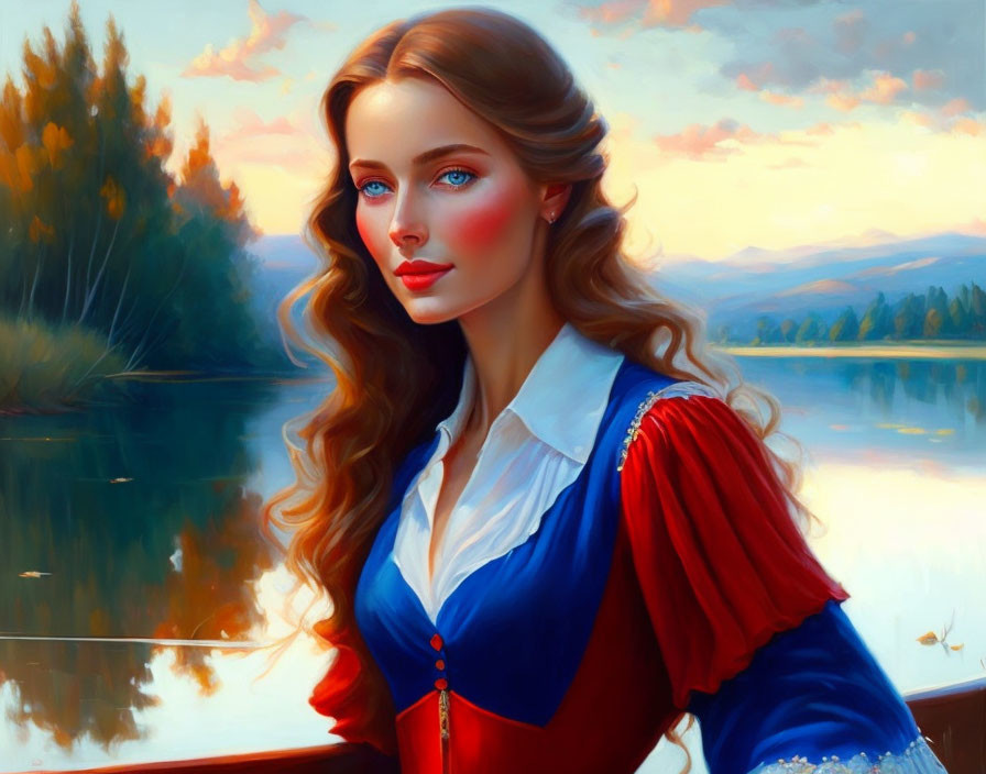 Woman in Red and Blue Dress by Tranquil Lake and Autumn Trees