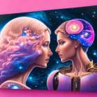 Two women with galaxy-themed hair and planetary ring on canvas