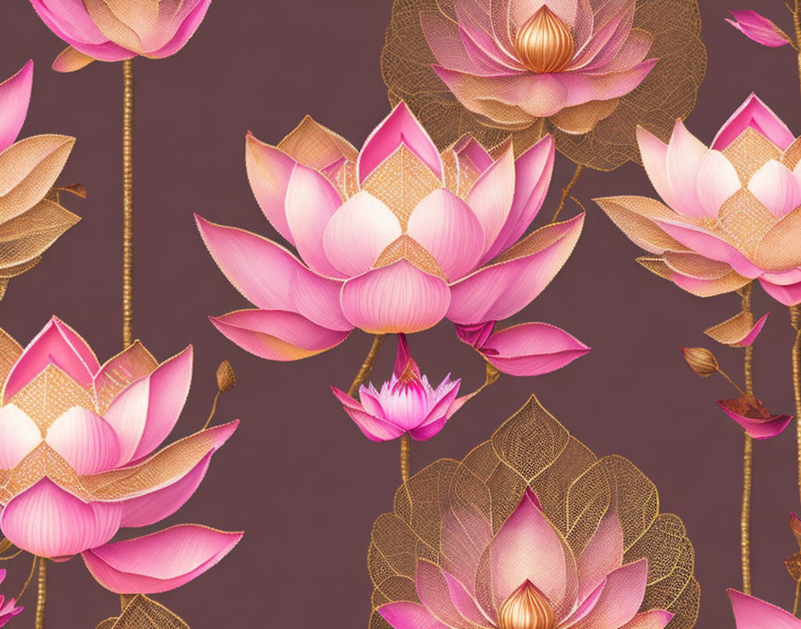 Stylized Pink and Gold Lotus Flower Pattern on Dark Background