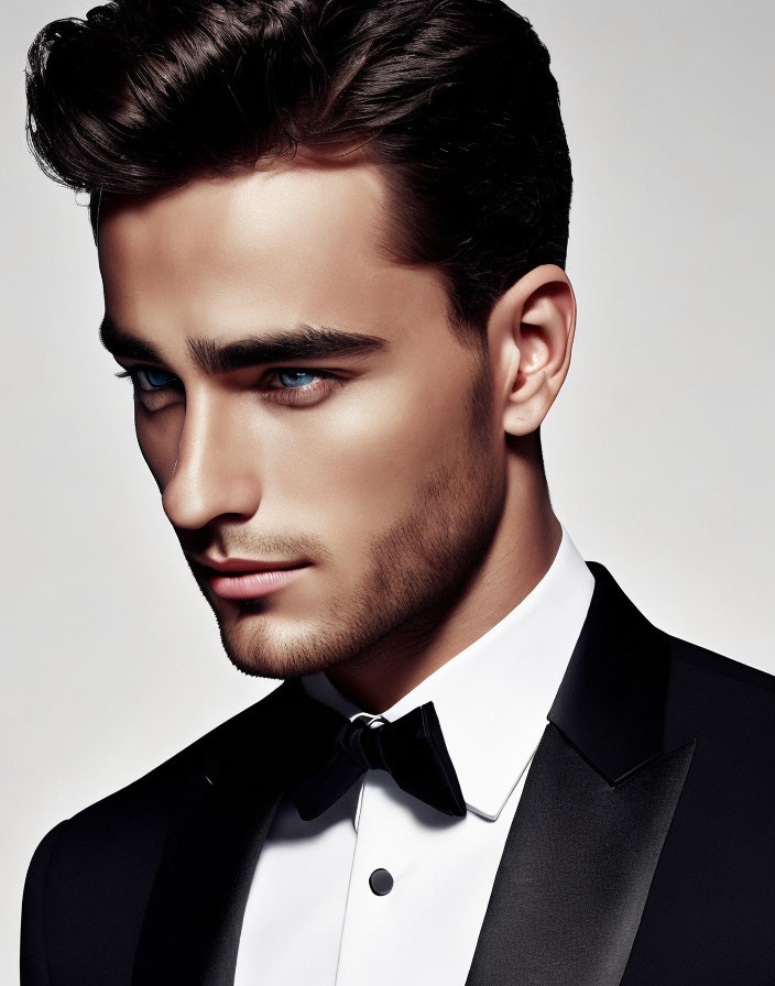 Man with styled hair, blue eyes, suit, and bow tie on light background