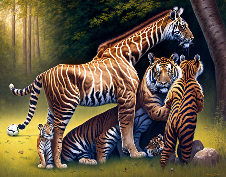 Family of Tigers with Two Adults and Three Cubs in Forest Clearing, One Cub Playing Soccer Ball