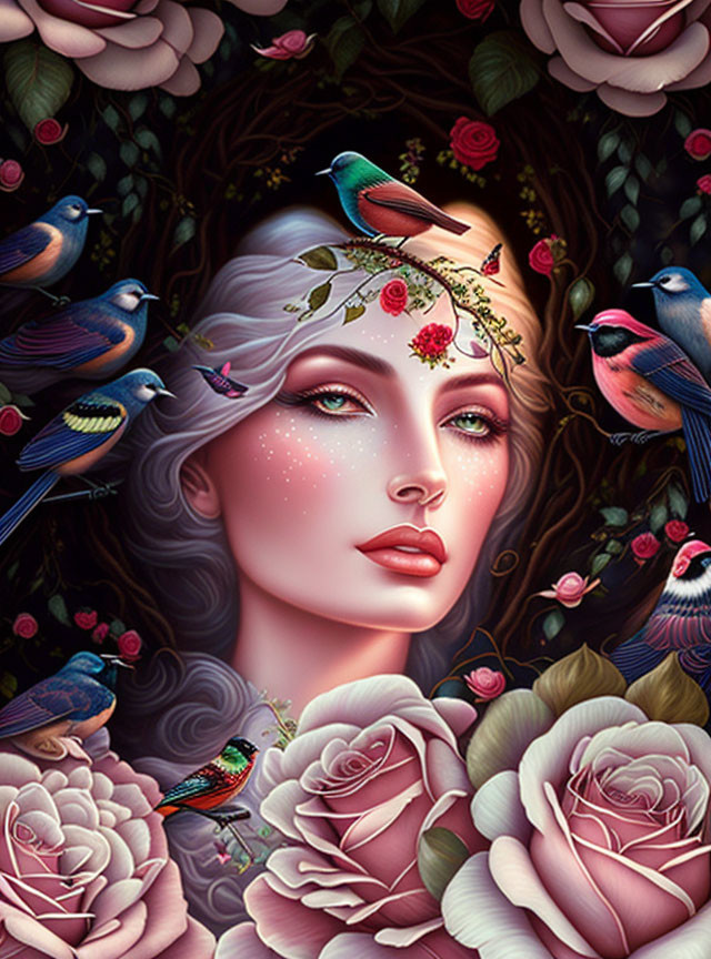 Illustrated portrait of woman with roses and birds in vibrant colors