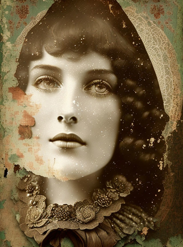 Sepia-Toned Vintage Portrait with Lace and Starry Overlay