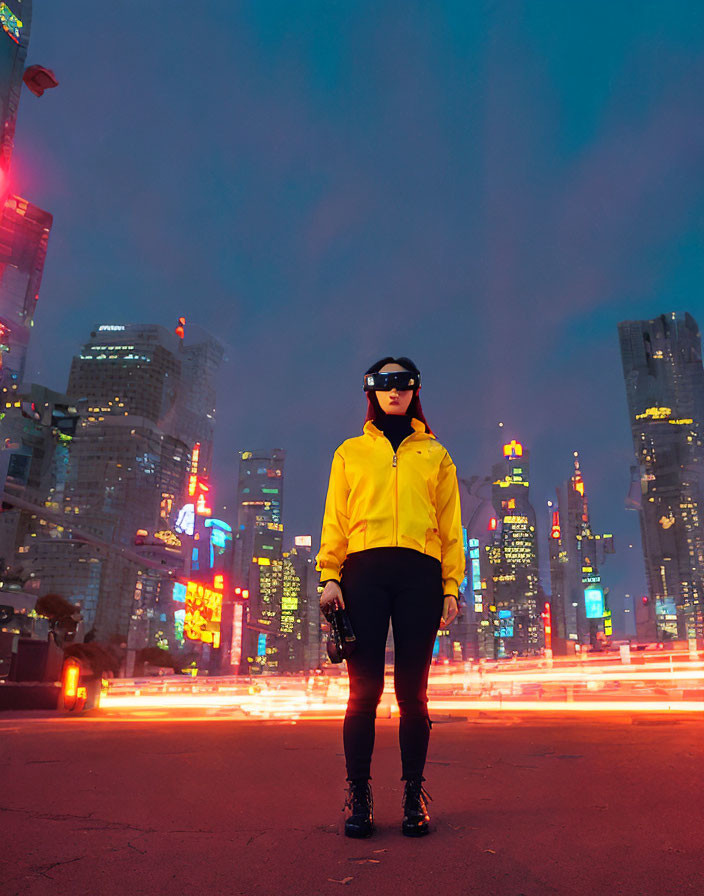 Person in Yellow Jacket and Sunglasses in Urban Night Setting