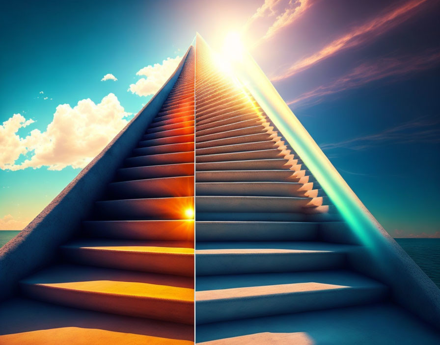 Never-ending staircase under bright sun and blue sky.