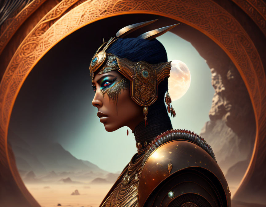 Blue-skinned female character in golden armor and headdress against desert backdrop with crescent moon