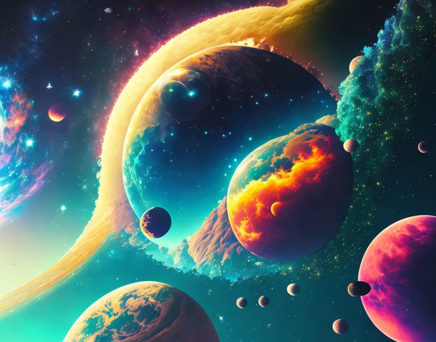 Colorful Planets and Celestial Bodies in Vibrant Cosmic Scene