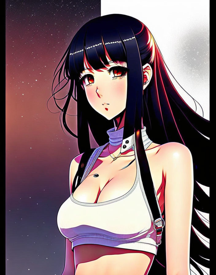 Female anime character with long black hair and golden eyes in white top on starry background