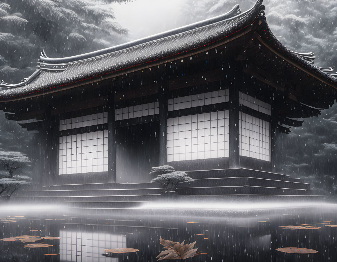 Snowy Japanese temple scene with glowing lanterns, tranquil pond, and bonsai.