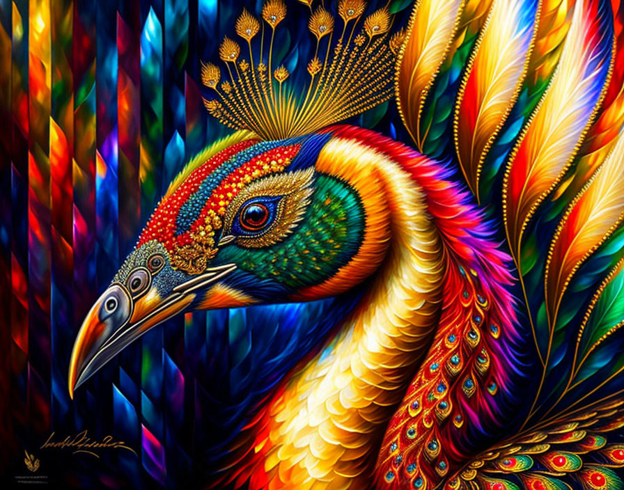 Colorful Peacock Painting with Vibrant Feathers and Intricate Patterns