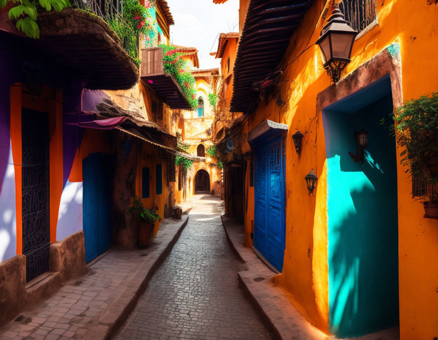 Sunlit Ochre Walls and Blue Doors in Quaint Alleyway