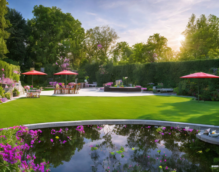 Tranquil garden with pond, lawn, flowers, umbrellas, and seating at sunset