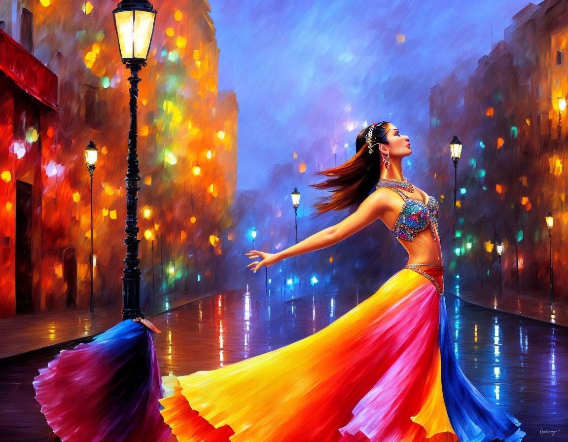 Colorful painting: Woman dancing in rain-slicked street