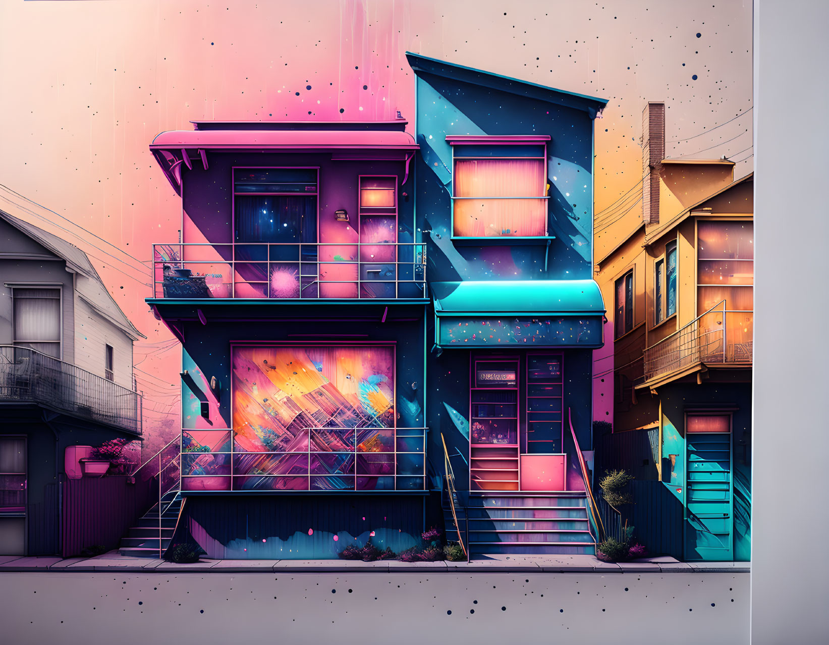 Colorful surreal artwork: Blue house with neon hues, cosmic elements, and starry overlay