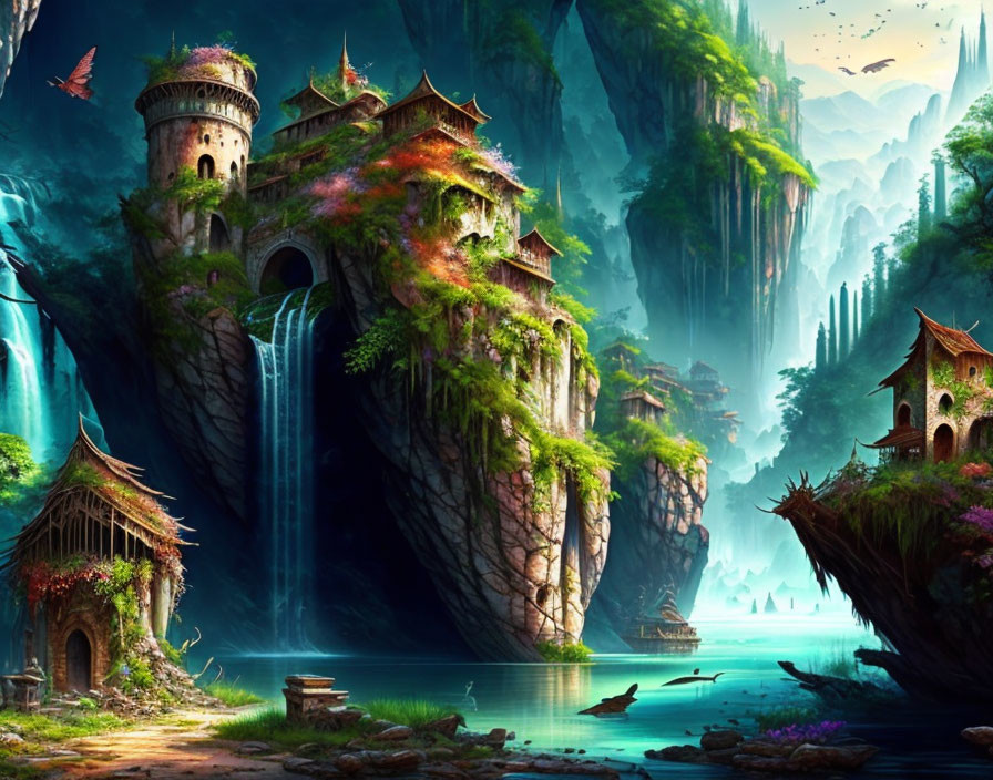 Mystical landscape featuring waterfalls, floating mountains, and fantastical buildings