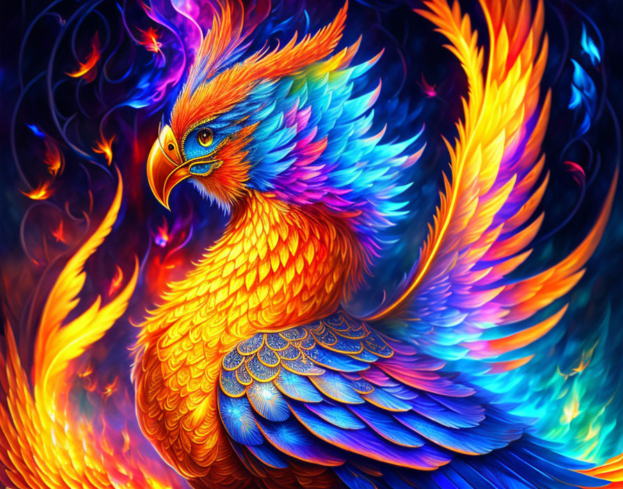 Mythical phoenix illustration: vibrant blue and orange plumage in flames