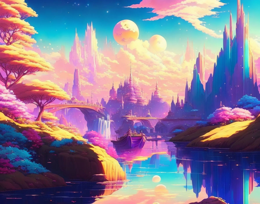 Colorful Sci-Fi Landscape with Crystal Formations and Floating Orbs