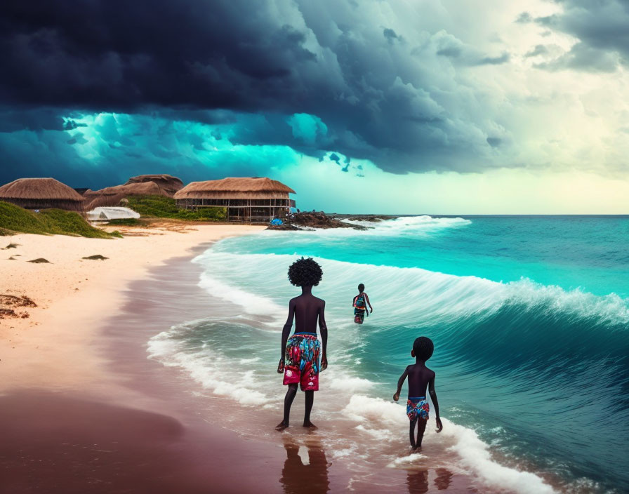 Three people on beach with storm approaching, crashing waves, huts under dark sky