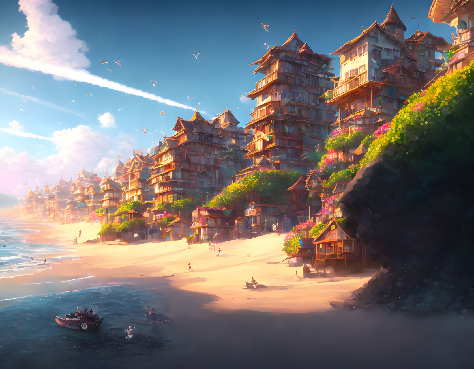 Scenic coastal village with wooden buildings, sandy beach, boats, and clear sky