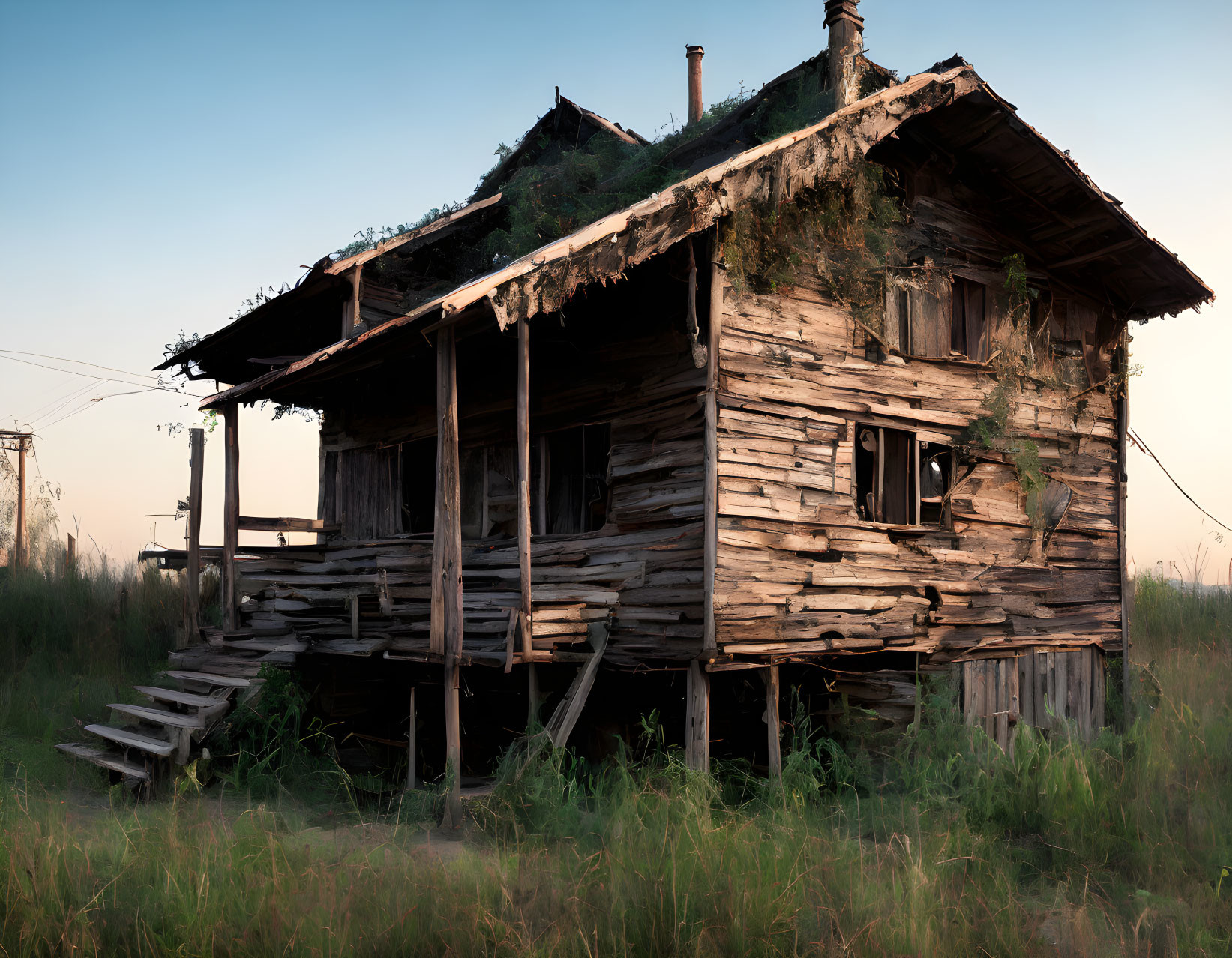 Decaying wooden cabin with collapsing porch and overgrown grass at dusk or dawn