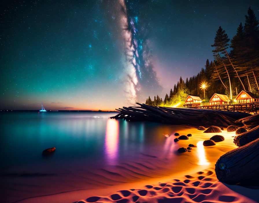 Starry Night: Lakeside Cabins, Milky Way, Forests