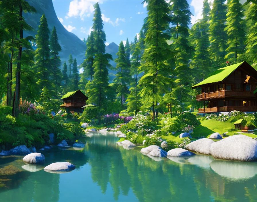 Serene Forest Landscape with River, Flowers, and Cabins