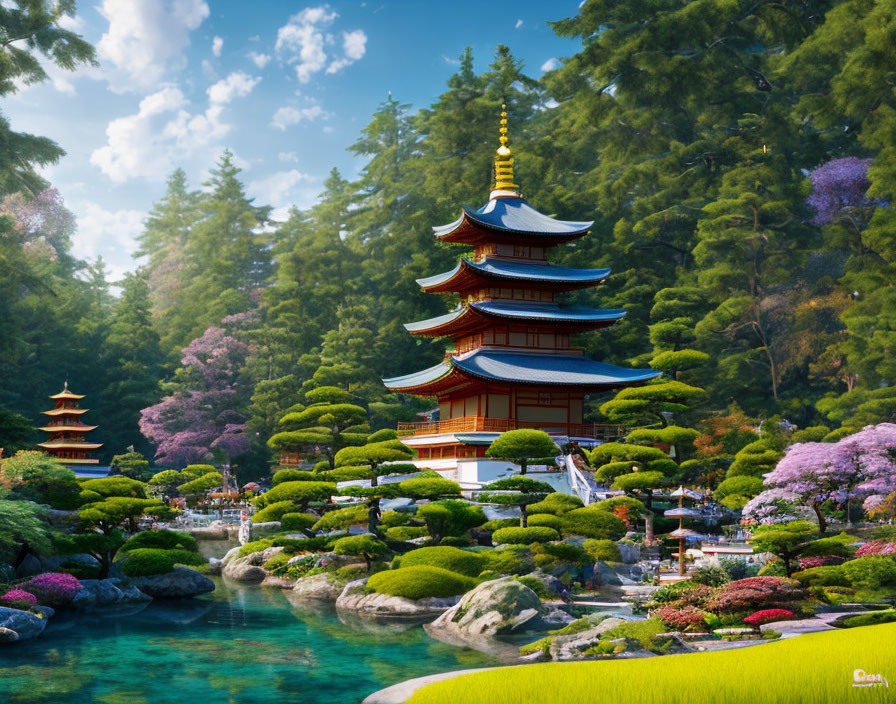 Tranquil Japanese Garden with Pagoda and Blossoming Trees