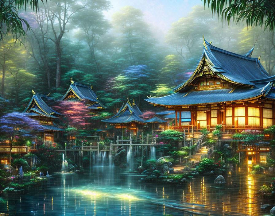 Serene Japanese architecture in misty forest with vibrant trees by calm pond