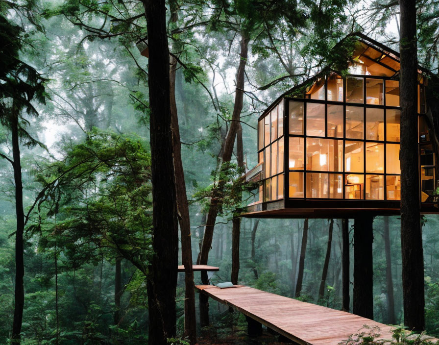 Modern Treehouse with Large Windows in Misty Forest