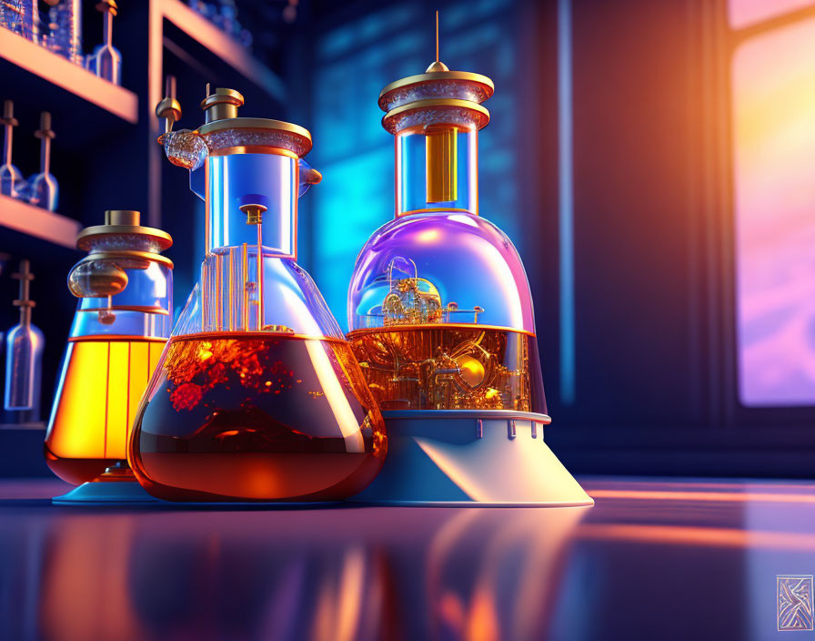 Detailed Science Fiction Flasks in Futuristic Lab Setting