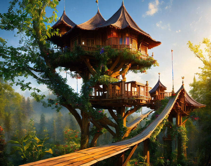 Traditional Treehouse Nestled in Lush Foliage at Sunset