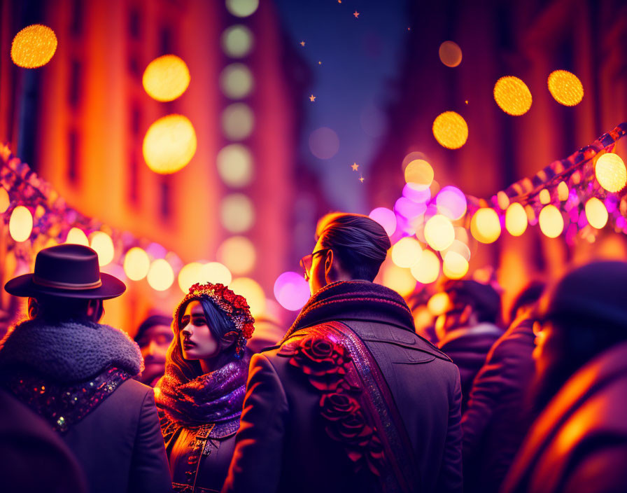 Festive street scene at twilight with glowing lights and woman in headpiece among crowd