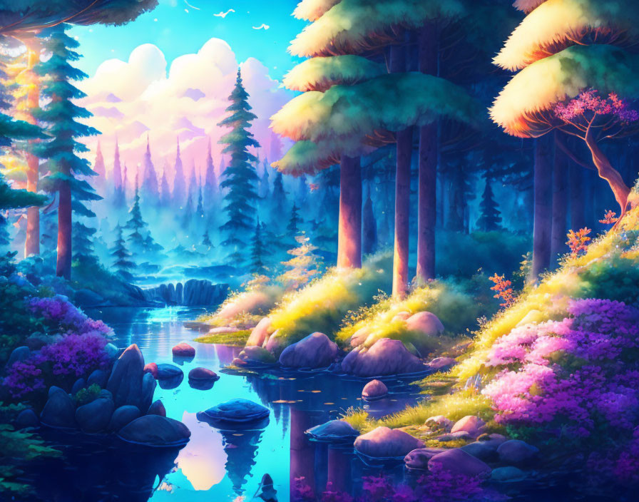 Lush Enchanted Forest with Colorful Flora and Serene Stream