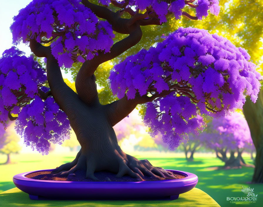 Colorful stylized bonsai tree with exaggerated purple foliage in sunny landscape