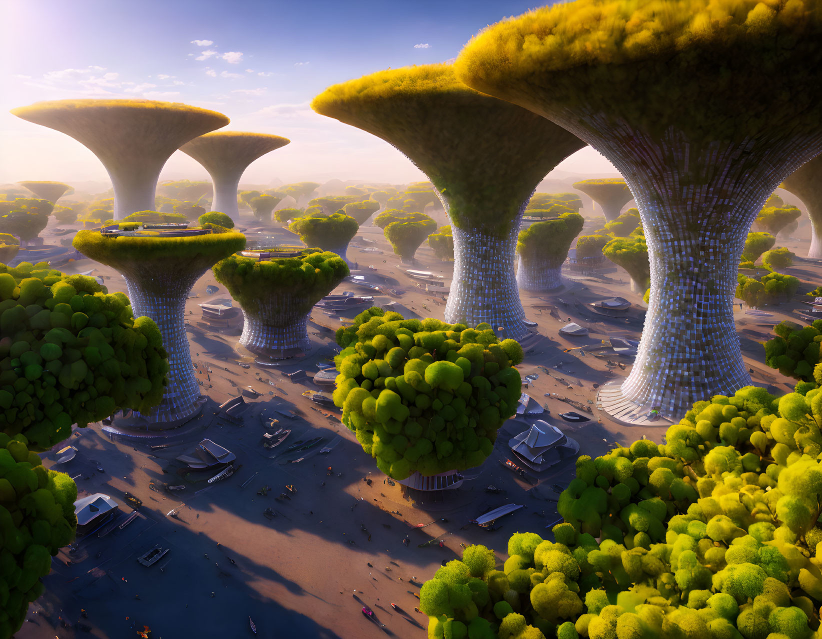 Fantastical landscape with towering mushroom structures in lush forest