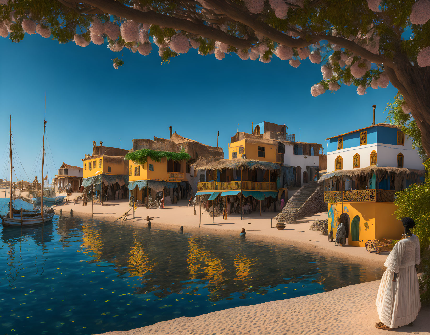 Tranquil waterfront village with traditional buildings, boats, people, and pink blossoms