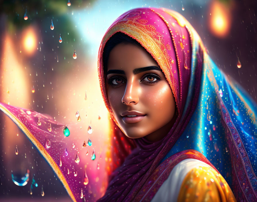 Vibrant hijab-wearing woman in digital artwork with water droplets on bokeh background