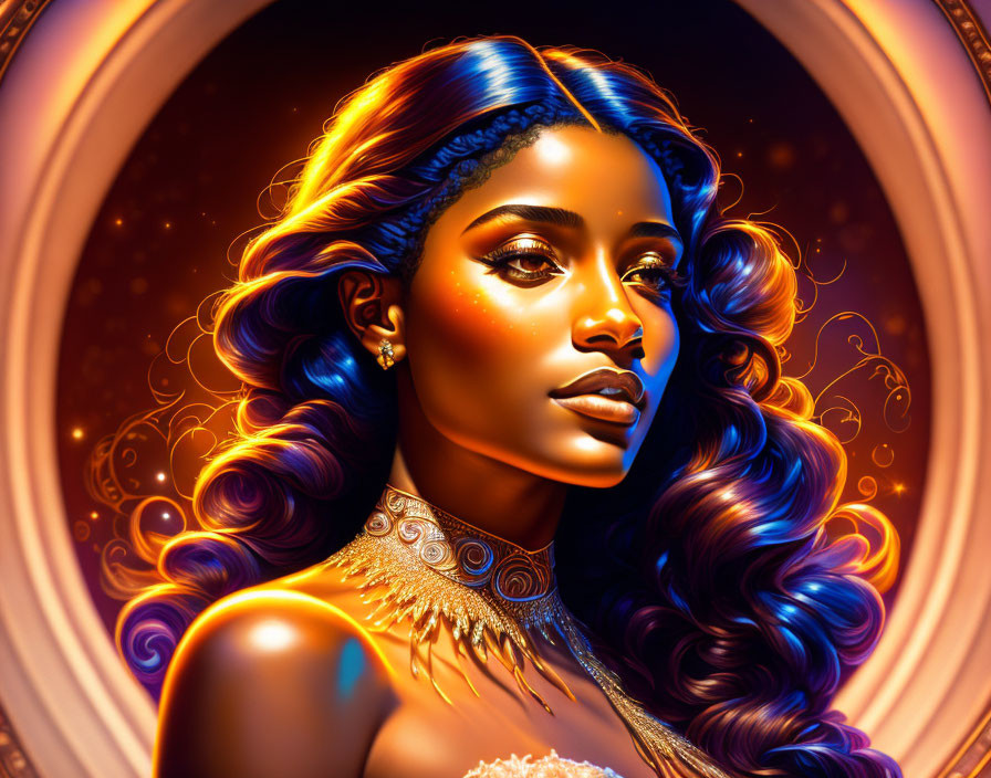 Portrait of a woman with glowing skin and blue hair against ornate golden background