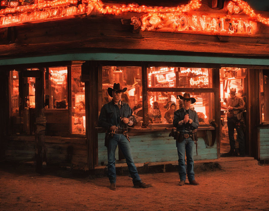 Two cowboys outside an old saloon with neon signs, warm lighting, and people inside.