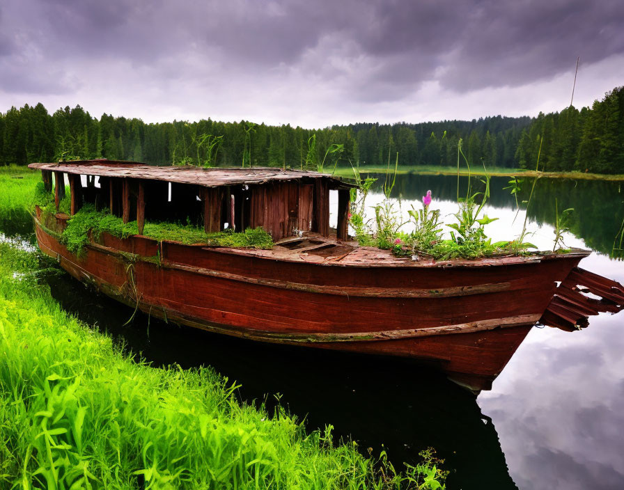 Weathered wooden houseboat covered in plants on forest lake under cloudy skies